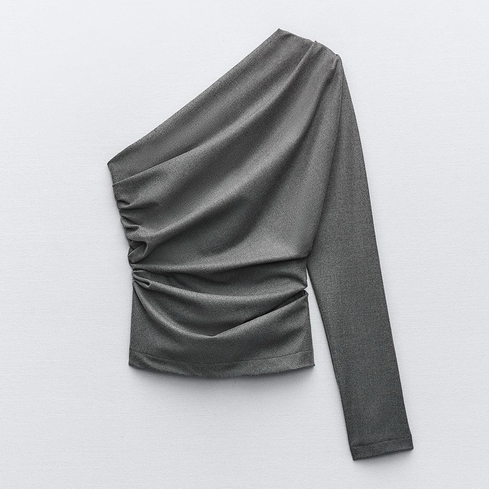 Zara Gray Ruched One-Shoulder Top XS